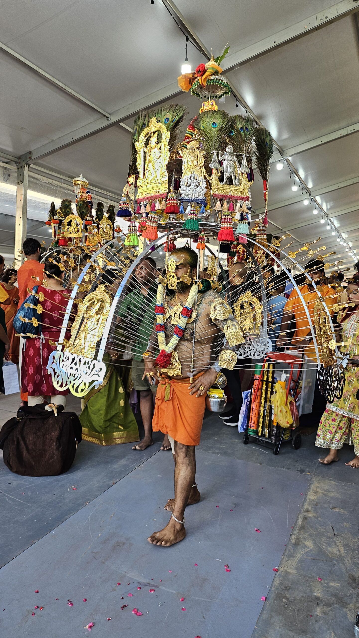 Devotees carrying elaborately decorated kavadis during Thaipusam procession at Holy Tree Sri Balasubramaniar Temple.